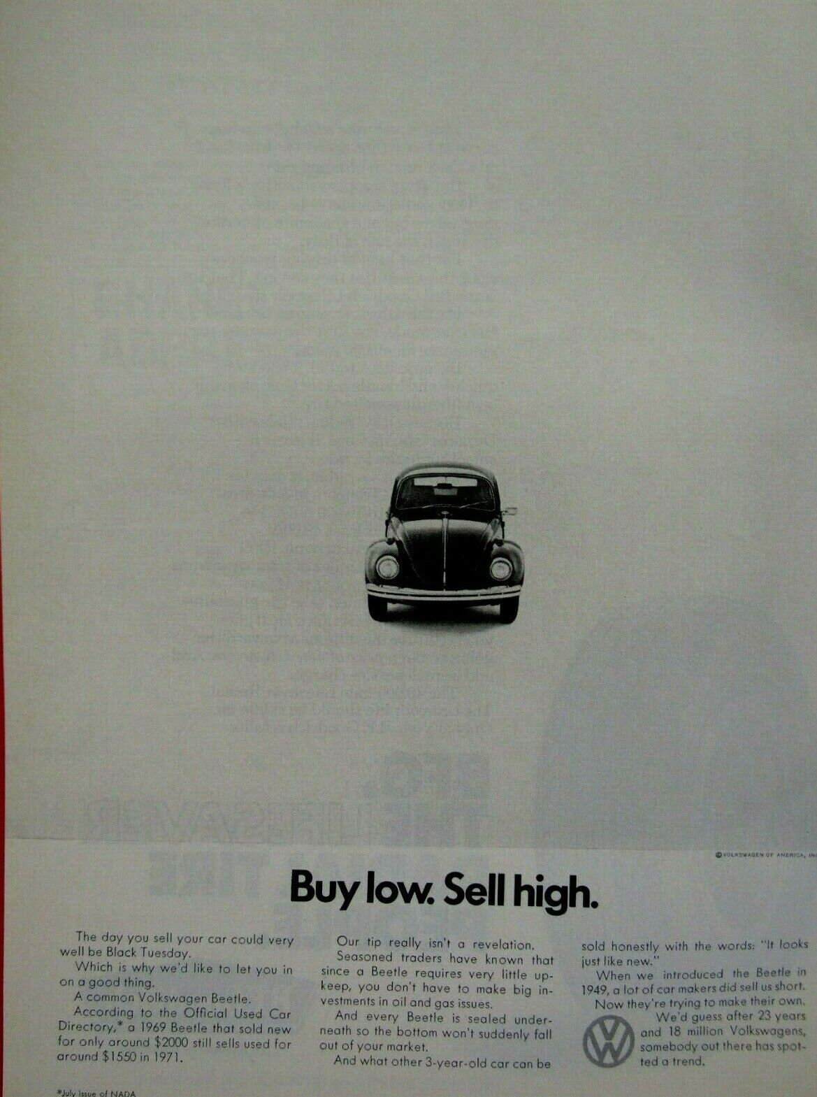 1972 Volkswagen Beetle Bug Buy Low Sell High Original Ad 8.5 x 11\