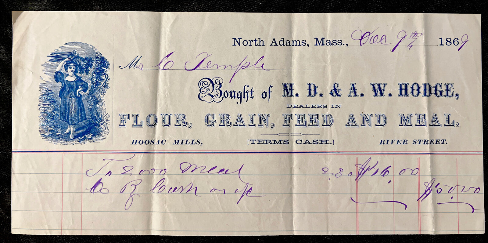 Antique 1869 NORTH ADAMS Massachusetts HODGE FLOUR GRAIN FEED MEAL Bill Head