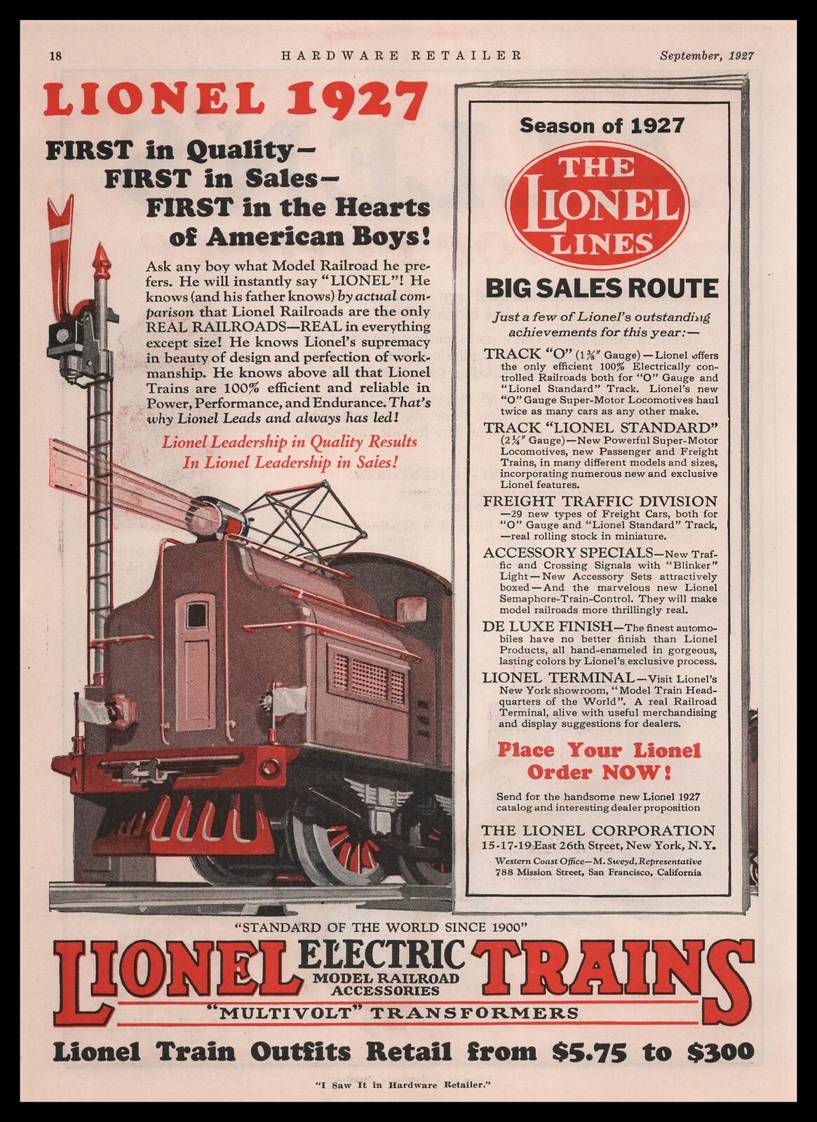 1927 Lionel Electric Model Railroad Train Lines Multivolt Transformers Print Ad