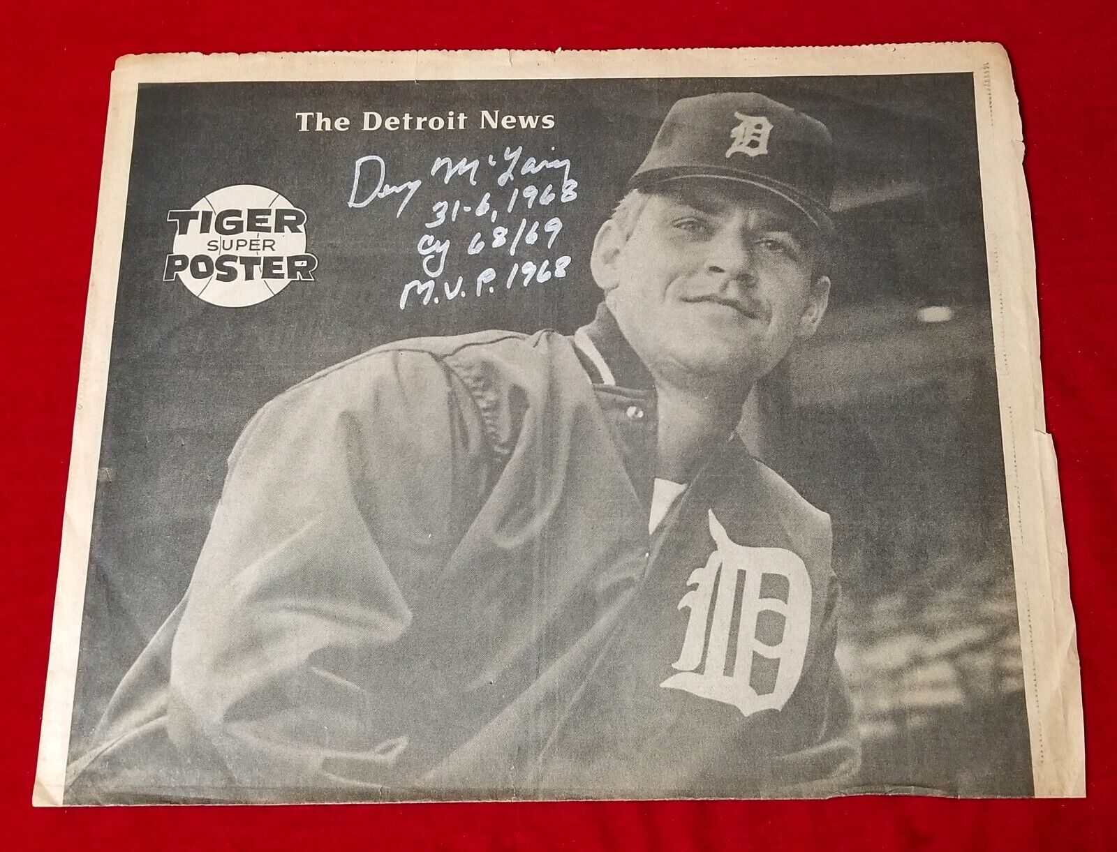 1968 Detroit Newspaper DENNY McLAIN SIGNED ball Poster WS TIGERS Team 60s vtg
