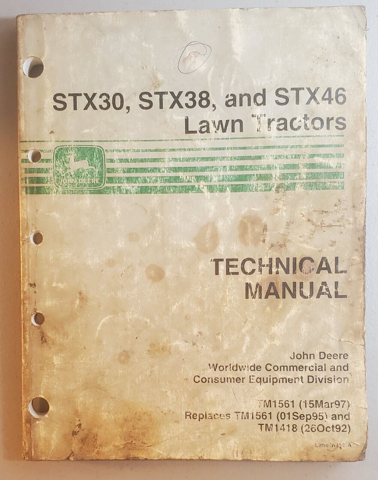 John Deere  TM1561 Technical Manual for STX30, 38, and 46 Lawn Tractors Original