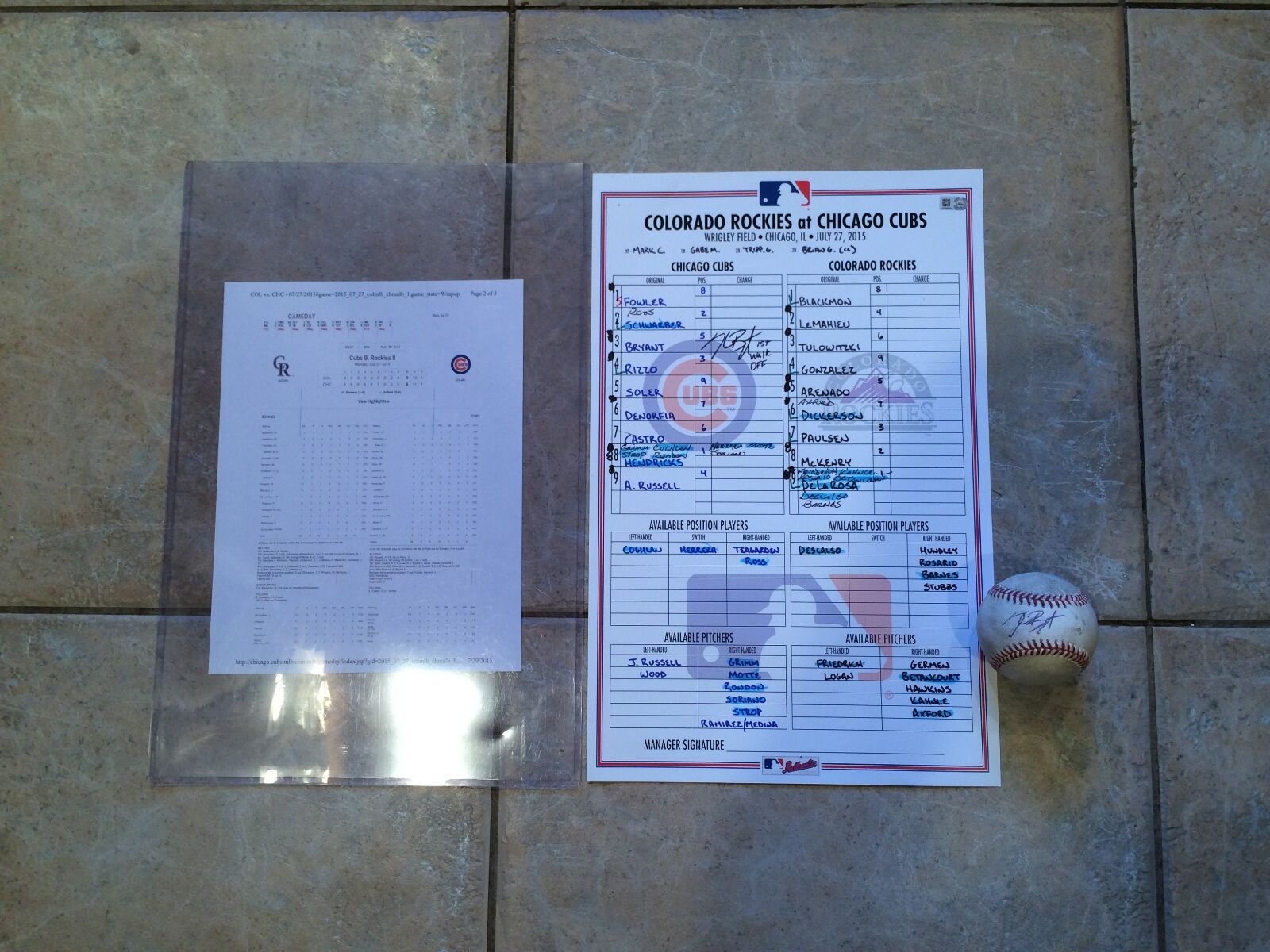 Kris Bryant Game Used 1st MLB Walk Off HR Game -Signed & Inscribed -Ball & Card