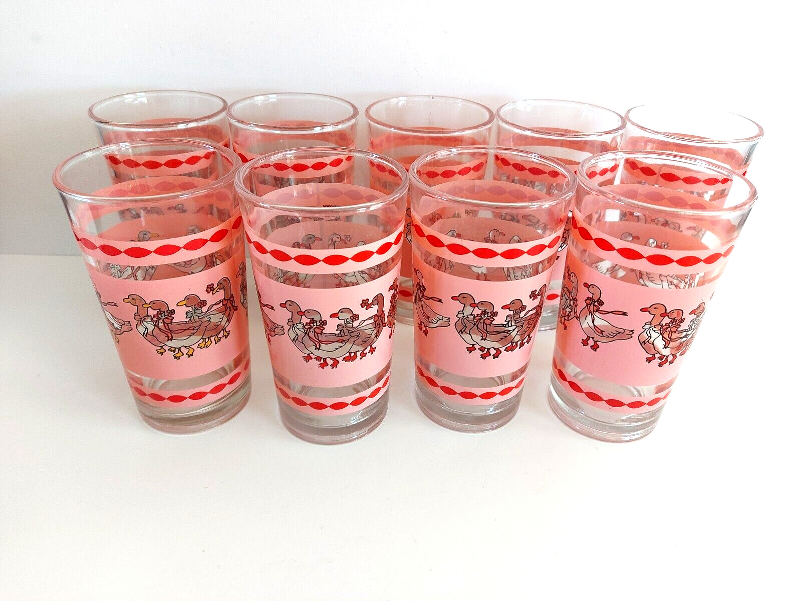Vintage Pink Ribbon Geese Goose Tumblers Drinking Glasses FNG Indonesia 9 pc lot