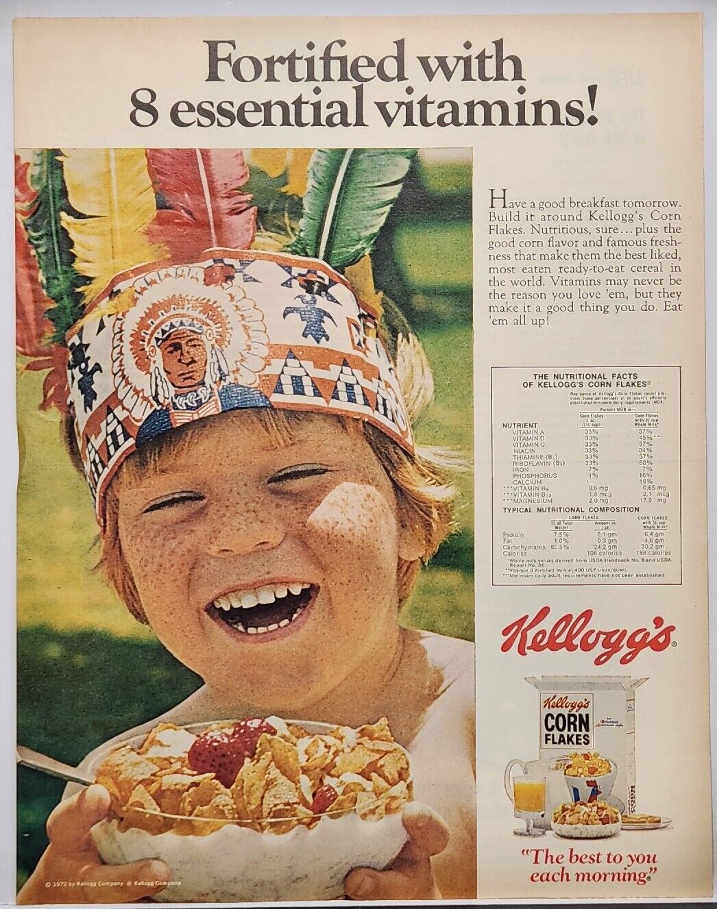 1972 Kellogg\'s Corn Flakes Boy Wearing Indian Headress Vintage Print Ad