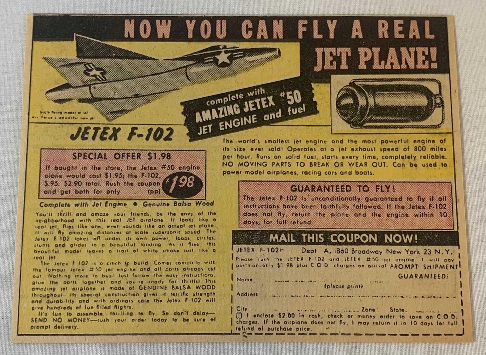 1954 newsprint ad ~ JETEX F-102 ~ Amazing Jetex #50