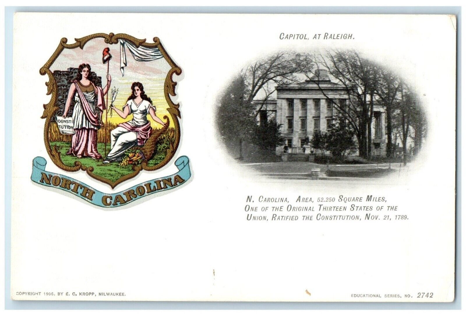 c1905 Square Miles Ratified Constitution Capitol Raleigh North Carolina Postcard