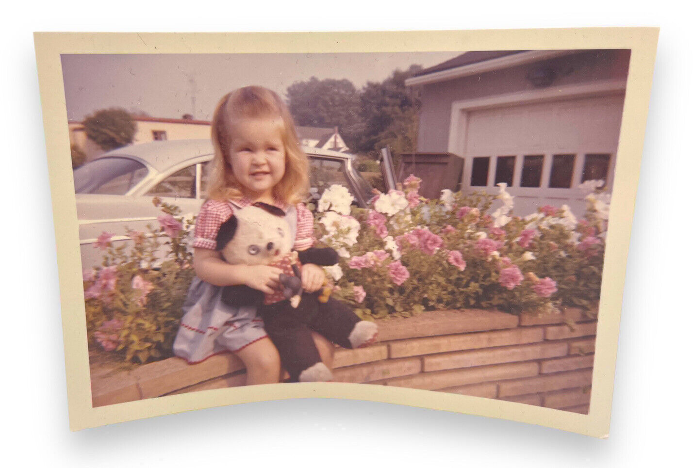 Vtg 1950s Snapshot Photo Little Girl Holding Large Teddy Bear Stuffed Animal 3X5