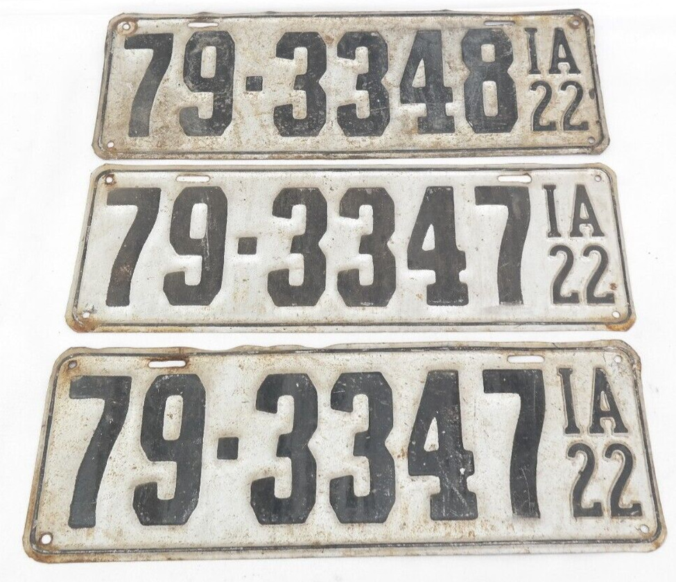 Antique 1922 Iowa License Plates Mixed Lot of 3     TF