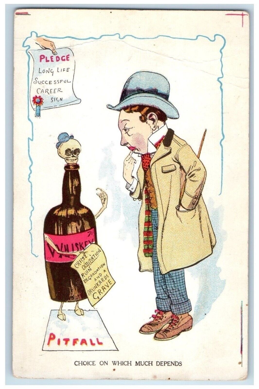Prohibition Postcard Whiskey Bottle Skull Pitfall Crime Dissipation c1905