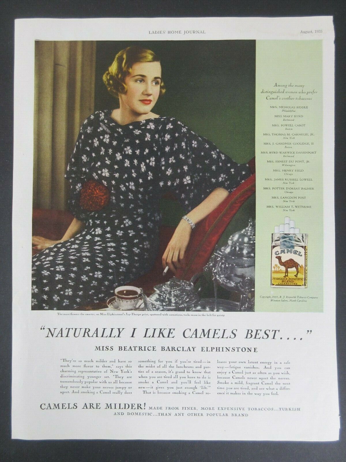 1935 Camel Cigarettes Distinguished Women Tobacco Ephemera Vintage Print Ad