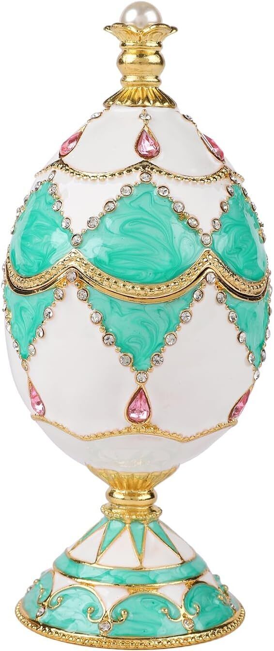 Bejeweled Emerald-Green Faberge Egg Hinged Metal Enameled Crystal Trinket box