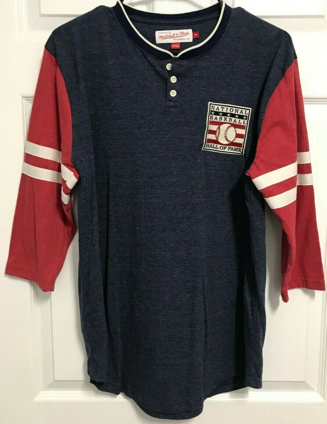 NATIONAL BASEBALL HALL OF FAME Adult 3/4 Sleeve Pullover Shirt S Mitchell Ness