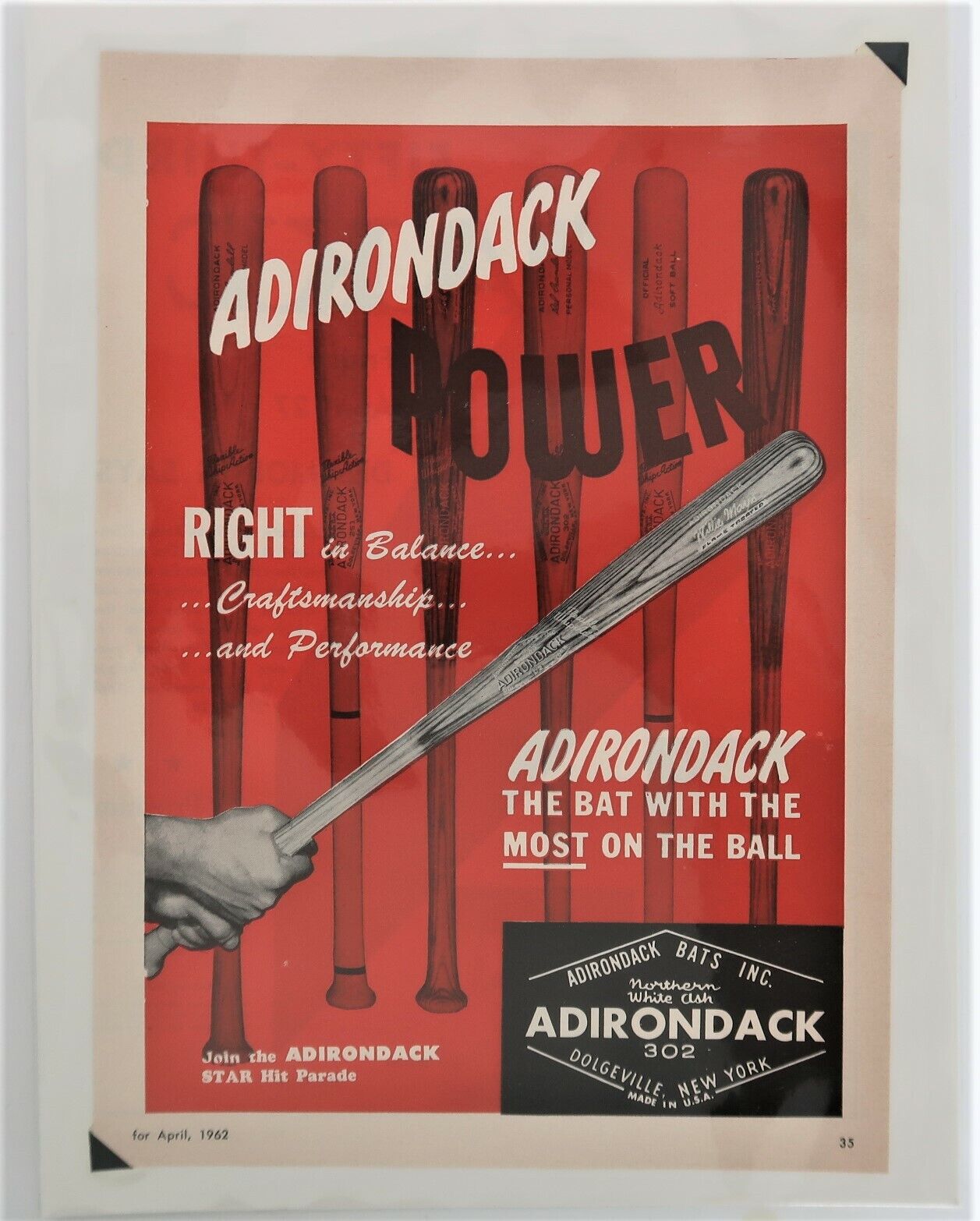 1962 Adirondack Bat Print Advertisement Vtg Ephemera