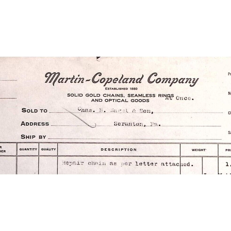 1922 MARTIN-COPELAND COMPANY PROVIDENCE R.I. GOLD CHAINS BILLHEAD INVOICE Z129