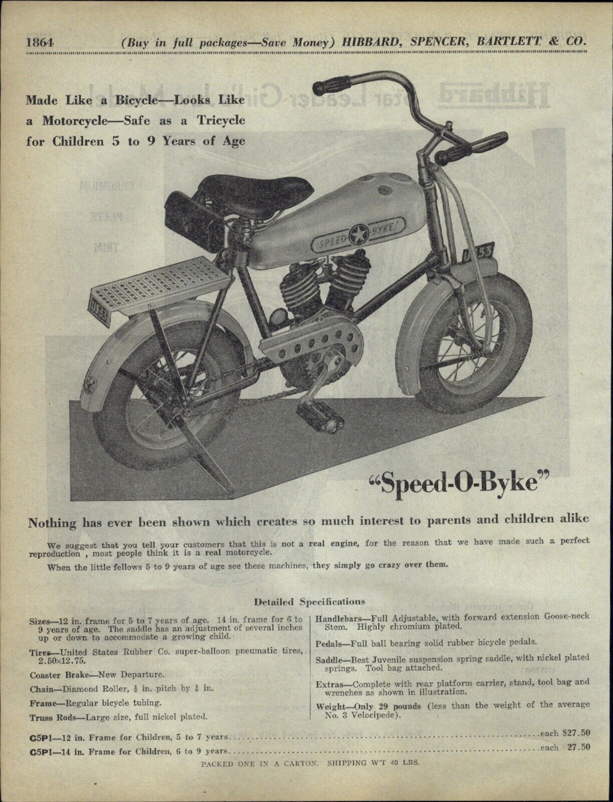 1933 PAPER AD Speed-O-Byke Bicycle Children's Real Motorcycle Reproduction 