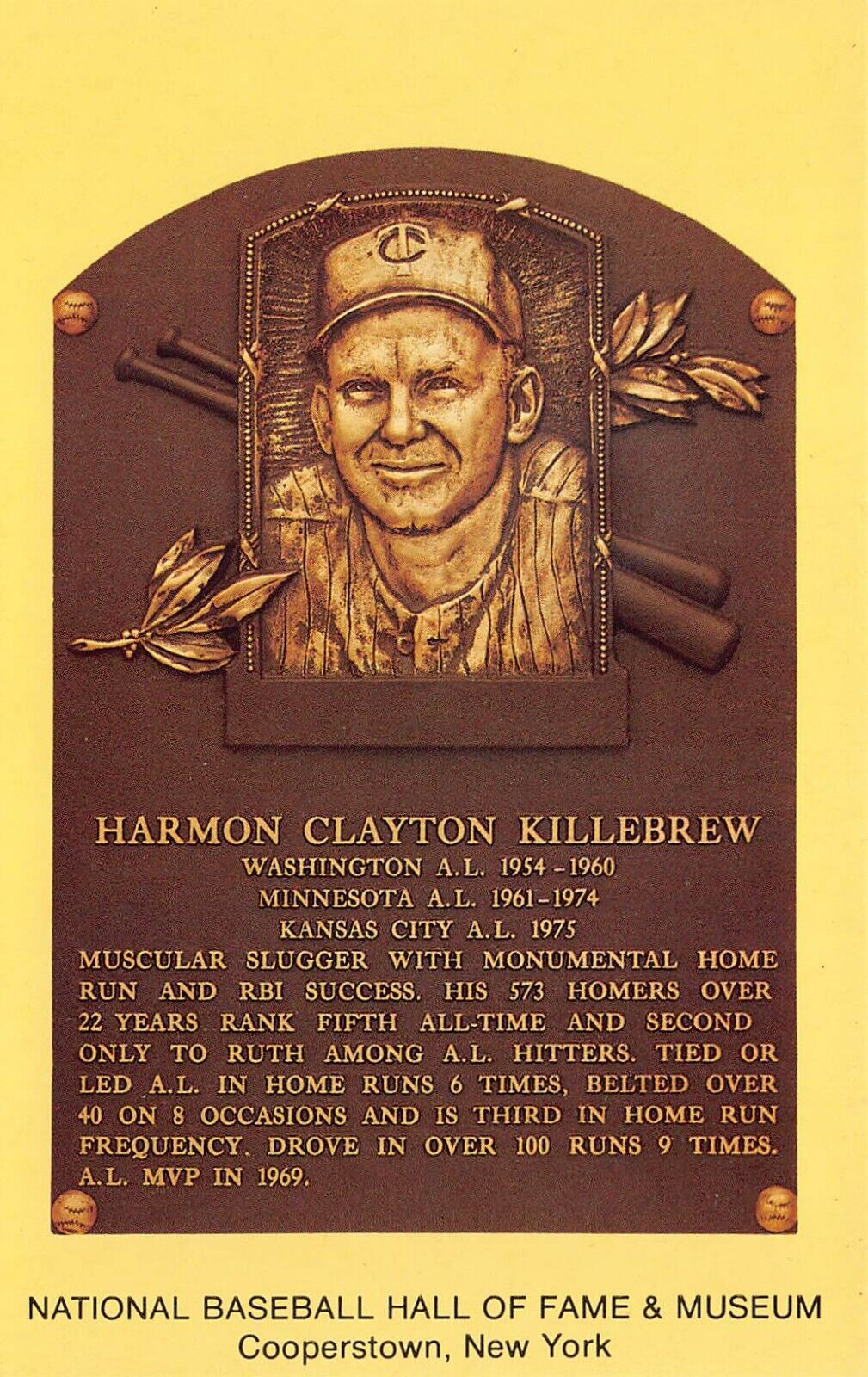 Harmon Clayton Killebrew Bronze Museum Plaque Baseball Sport Vtg Postcard S4
