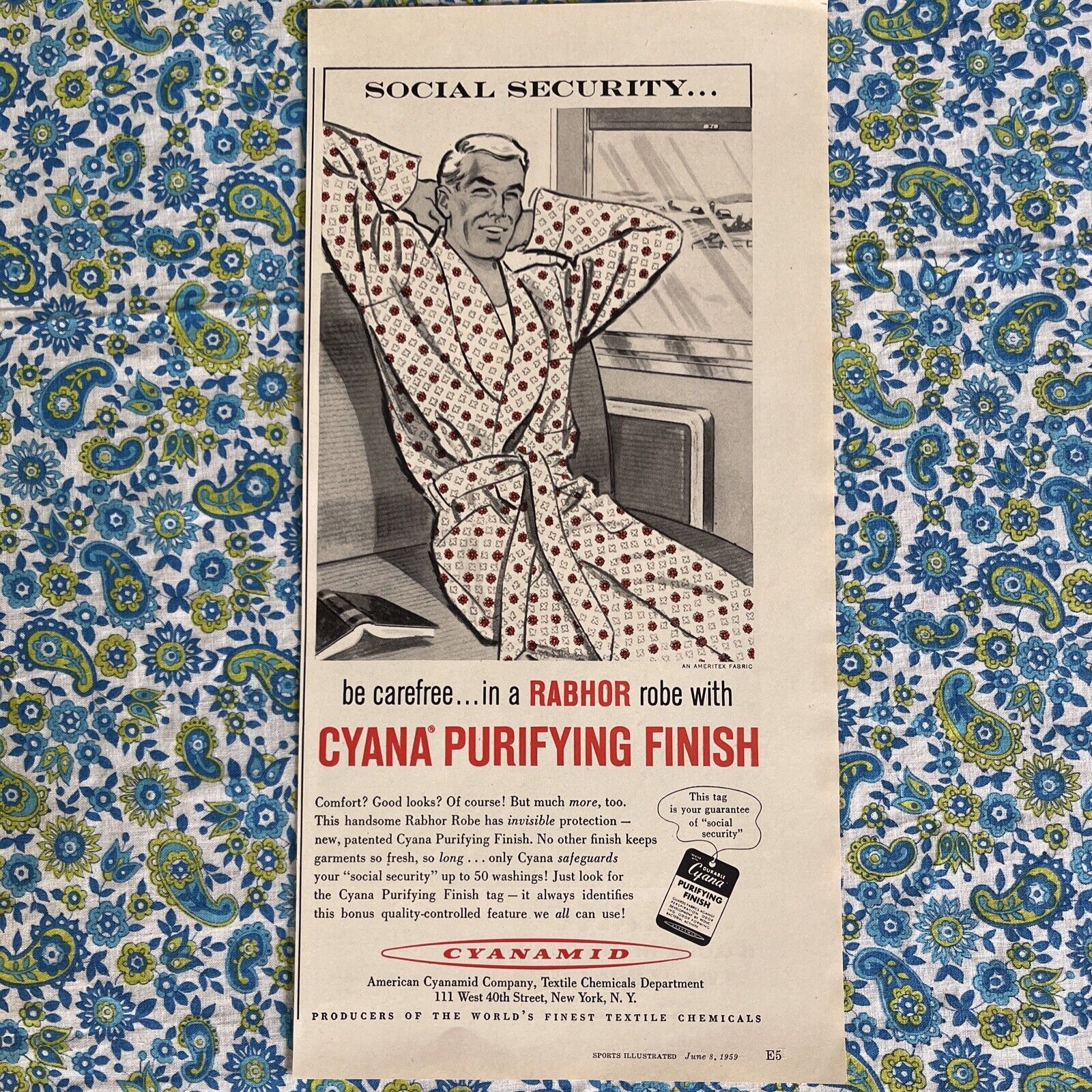 Vintage 1959 Cyana By Cyanamid Fabric Treatment Print Ad Rabhor Robe
