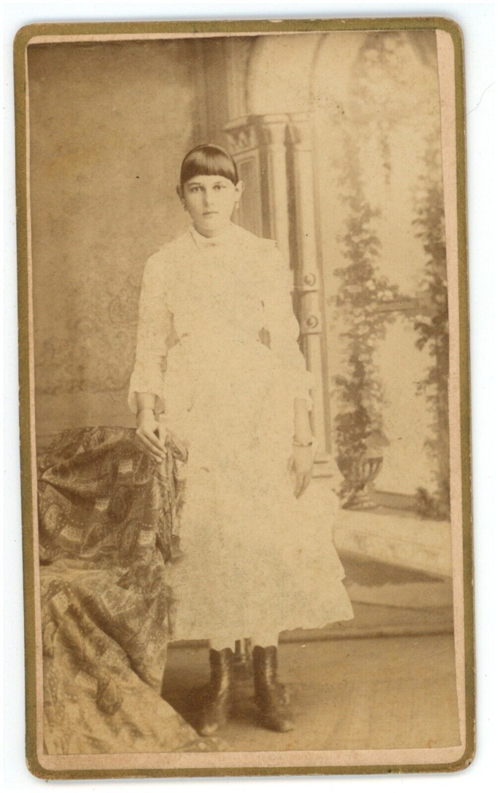 Antique CDV Circa 1870\'S Beautiful Young Teenage Girl in White Victorian Dress