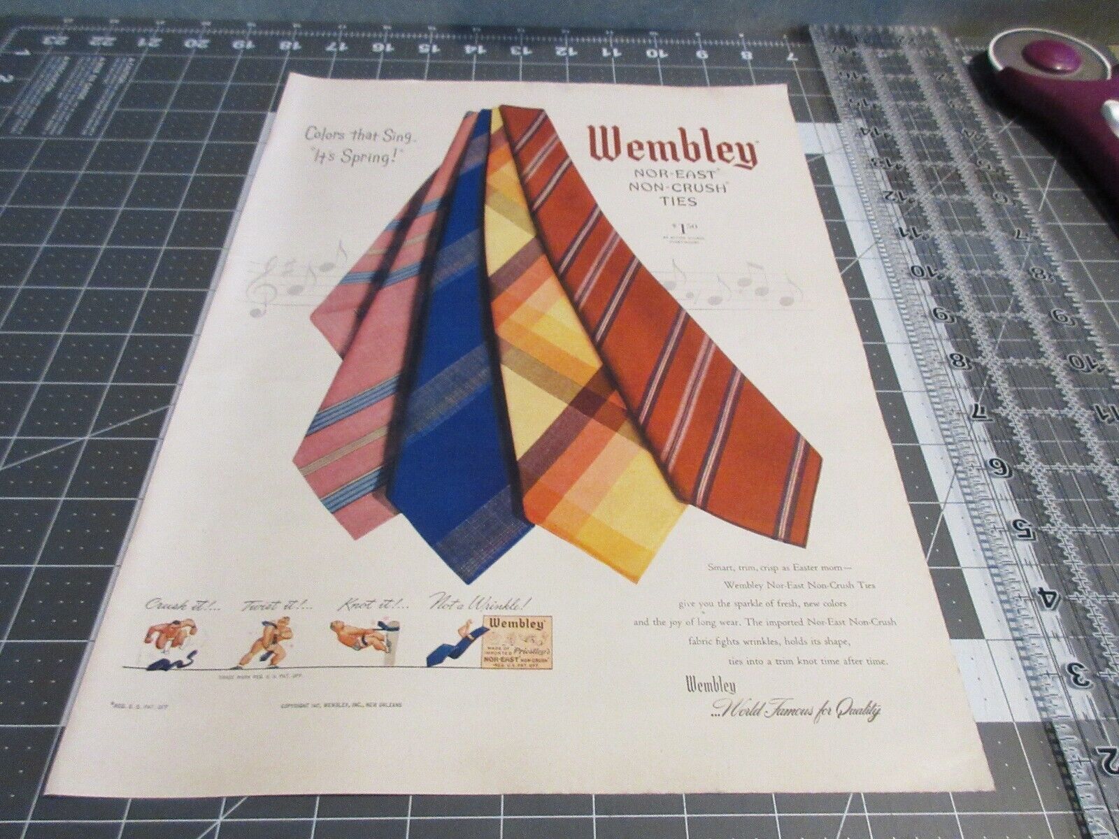 1947 PRINT AD~WEMBLEY NOR-EAST NON CRUSH TIES Colors That Sing It\'s Spring