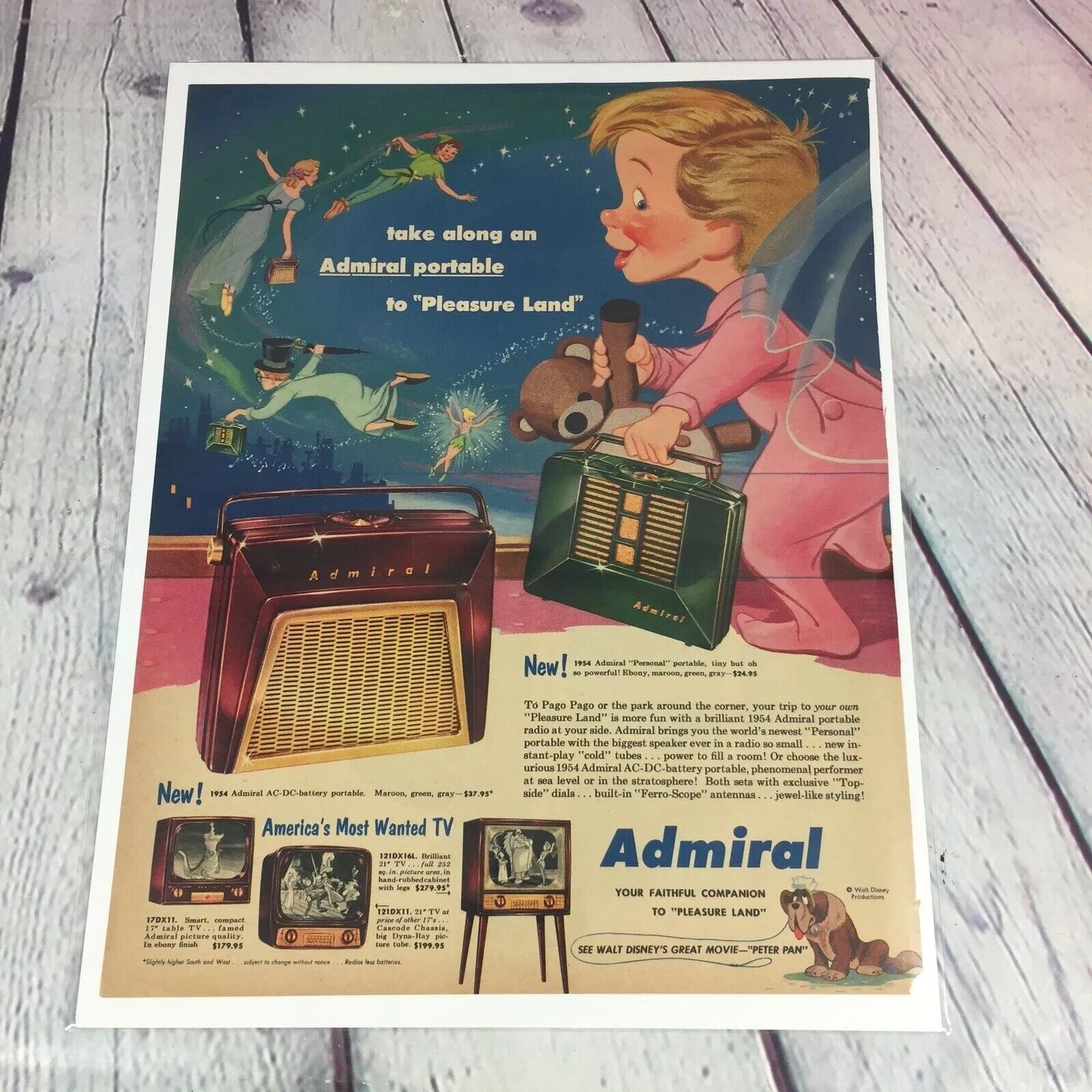 Vtg 1954 Print Ad Admiral Radio TV Walt Disney Peter Pan Magazine Advertisement