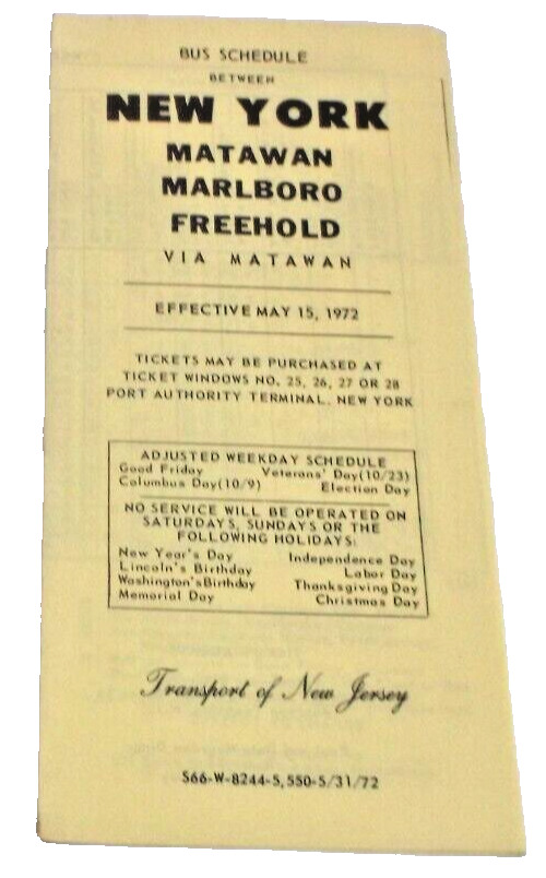MAY 1972 TRANSPORT OF NEW JERSEY MATAWAN MARLBORO FREEHOLD PUBLIC TIMETABLE