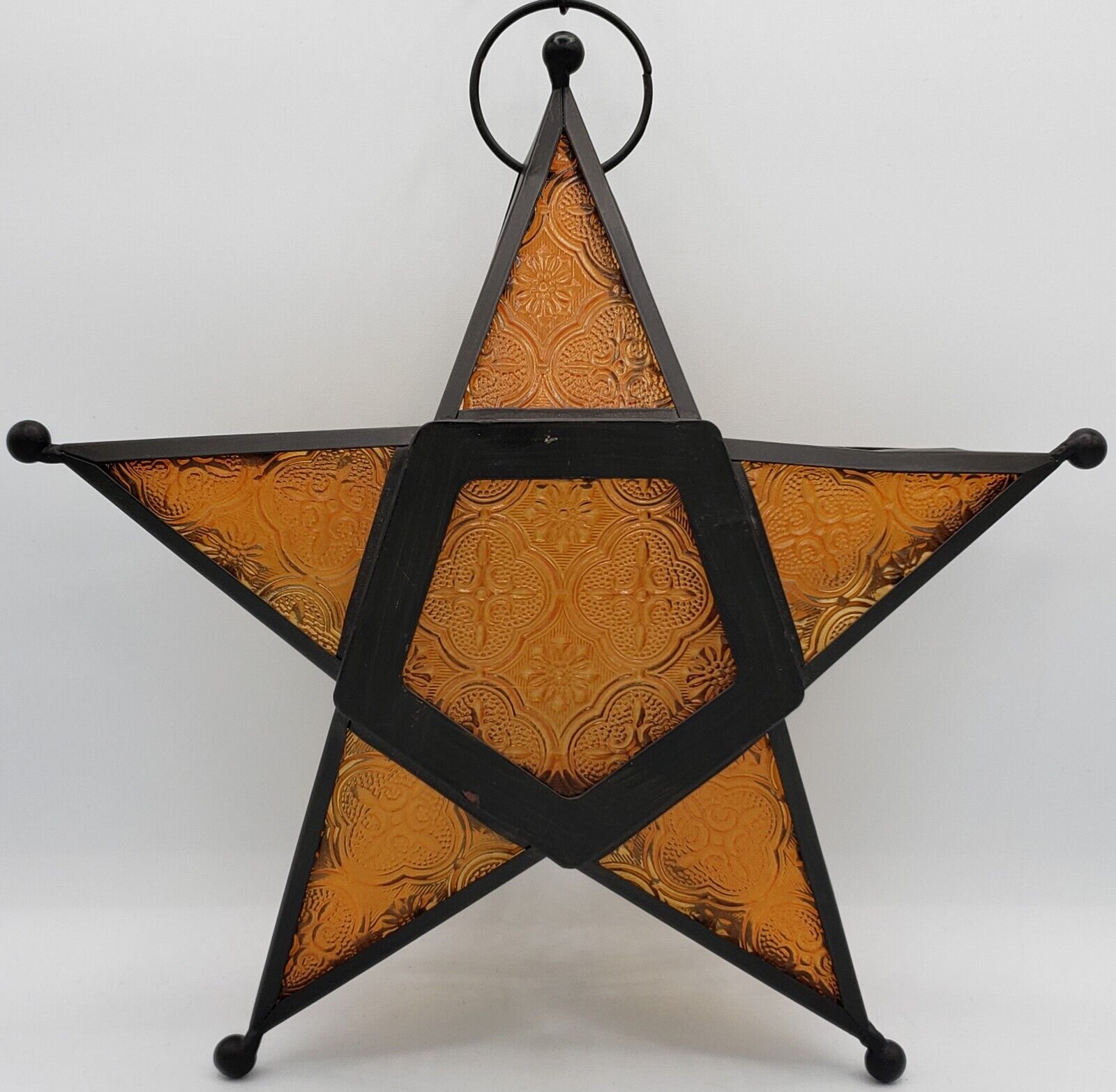 Vintage Moravian Star Amber Stained Glass Tealight Hanging Illuminated Christian