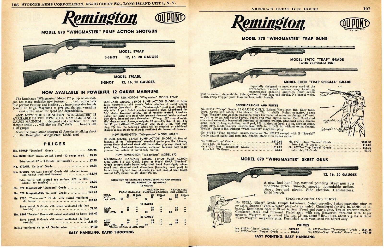 1958 2pg Print Ad of Remington Model 870 Wingmaster Shotgun 870AP 870SA 870TC