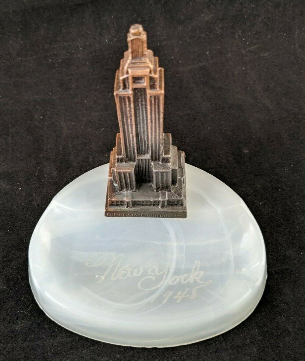 1945 Empire State Building New York Glass Ashtray Copper Metal Souvenir Building