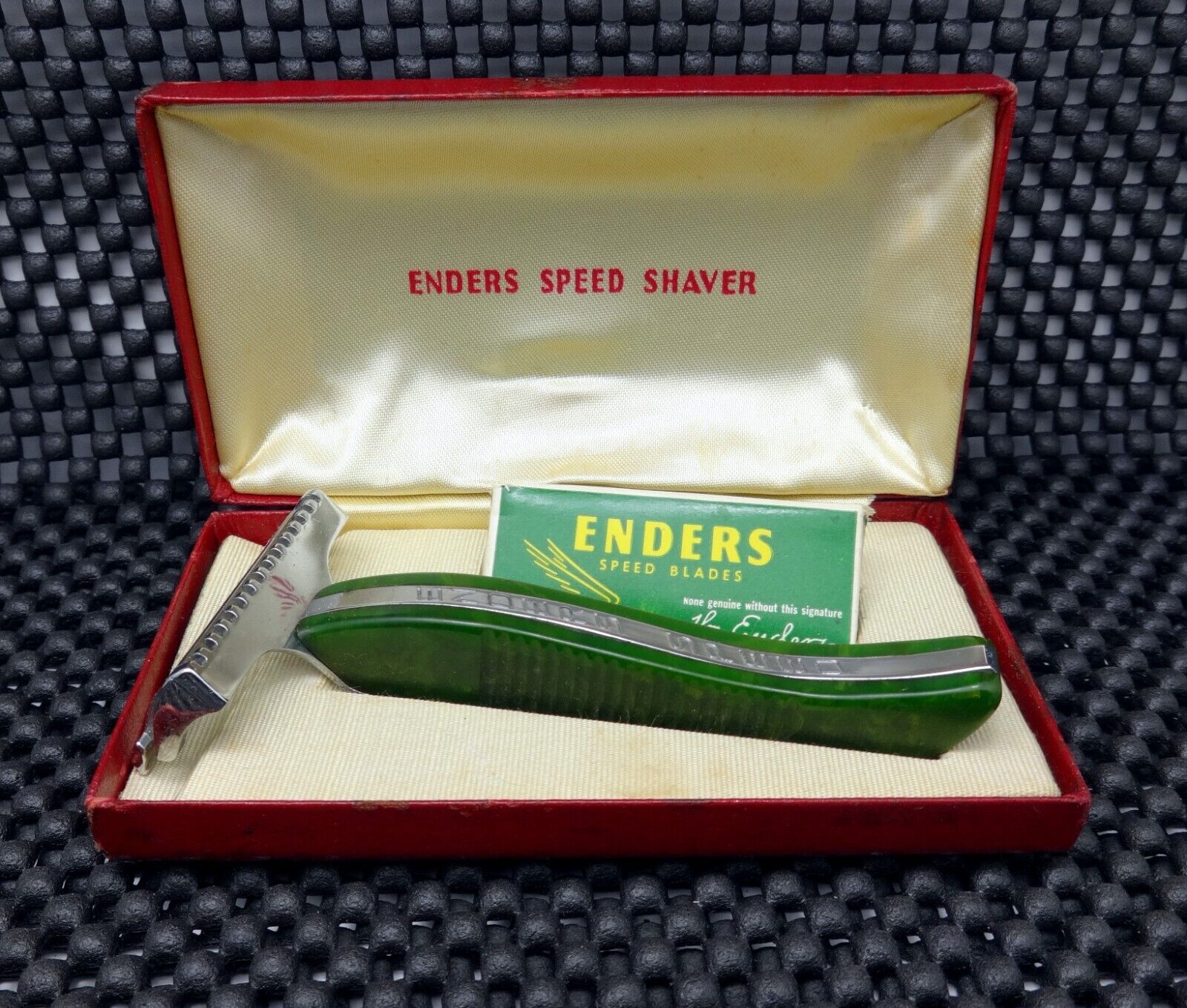 Vintage Enders Speed Razor Set Green Marbled Bakelite Handle Case & Blades NICE