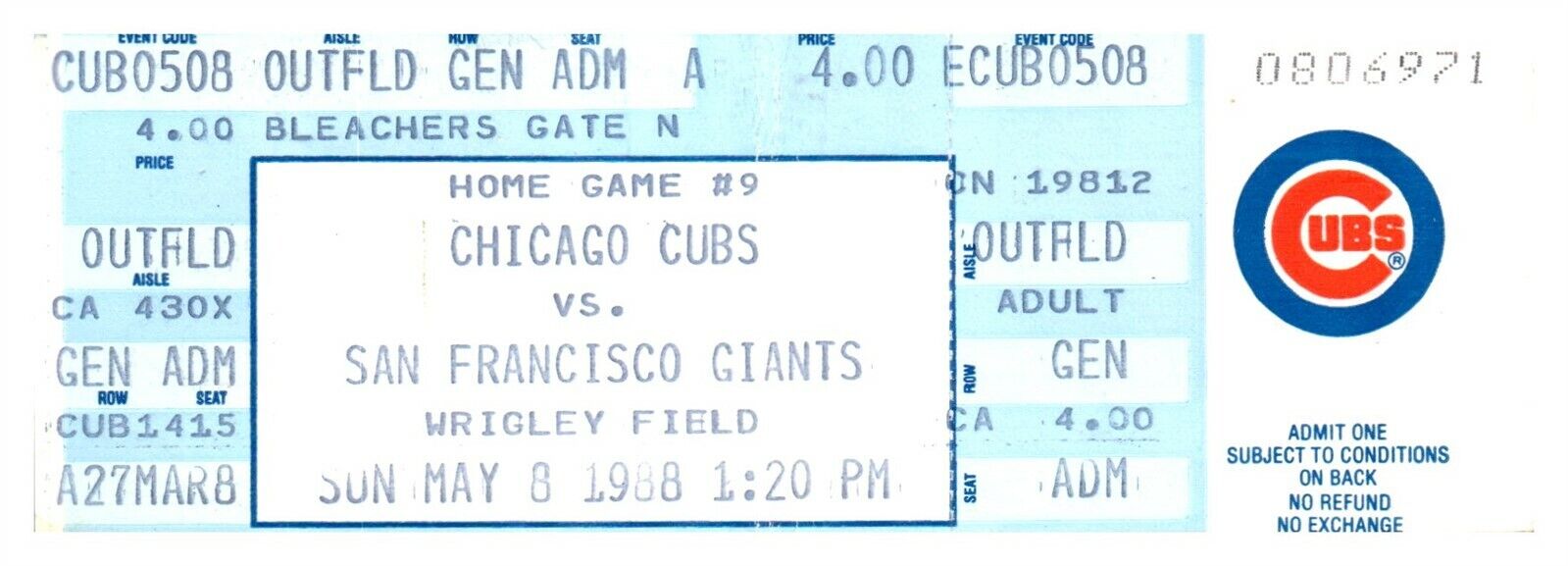 1988 Chicago Cubs San Francisco Giants 5/8 Ticket, Ryne Sandberg 2 Triples *ST4A