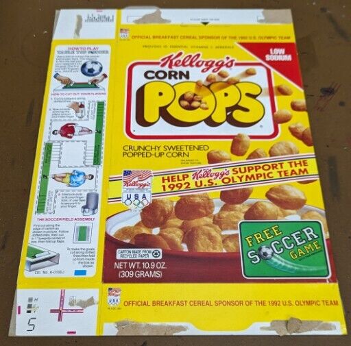 1992 Kellogg's Corn Pops empty cereal box, Free Soccer Game Offer, USA Olympics 