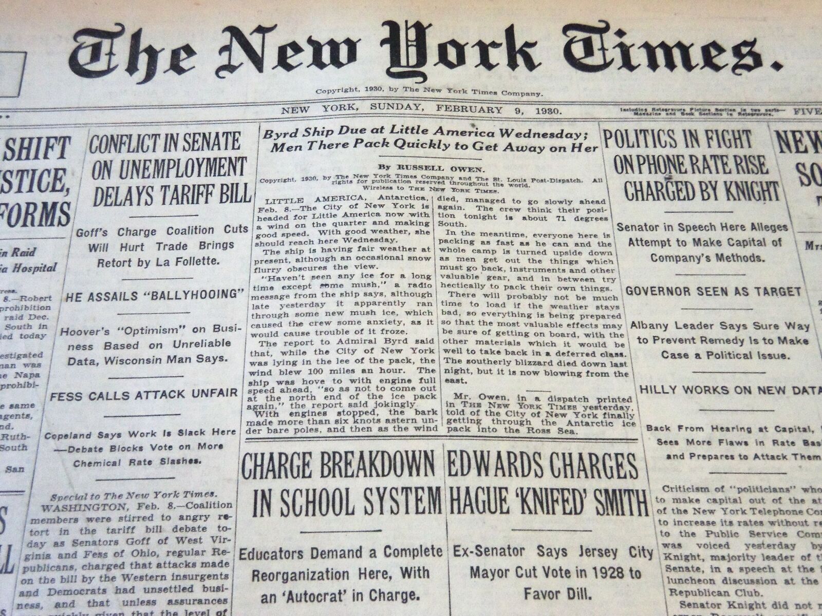 1930 FEBRUARY 9 NEW YORK TIMES - BYRD SHIP DUE AT LITTLE AMERICA WED - NT 5730