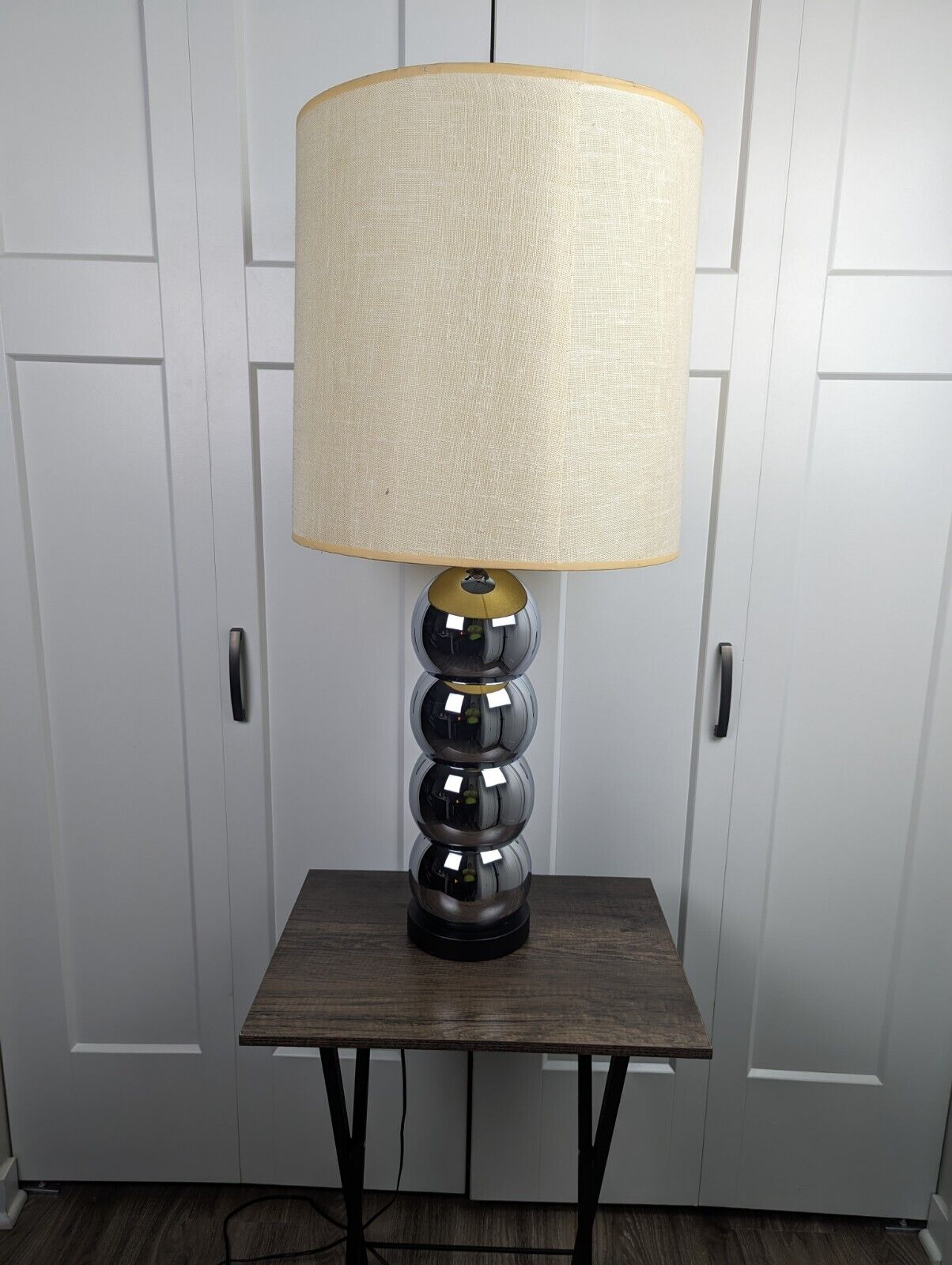 VTG 1970s Sonnenman Kovacs Chrome Stacked Ball 33.5” Table Lamp with Shade