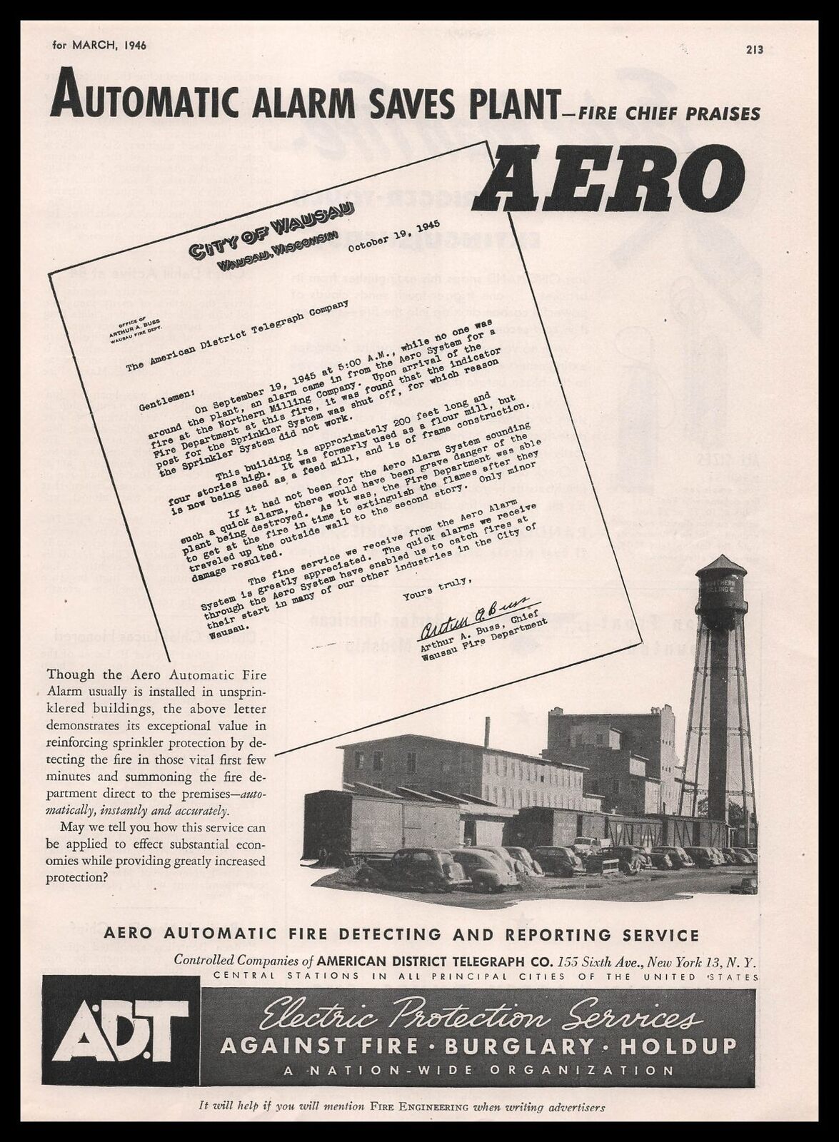 1946 Wausau Wisconsin Fire Chief Letter ADT Aero Automatic Fire Alarms Print Ad