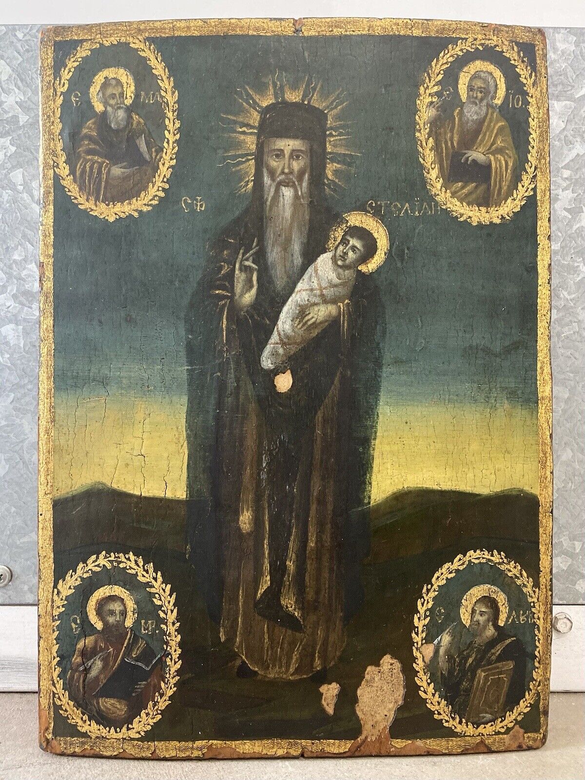 🔥 Antique Old 19th c. Greek Orthodox Christian St. STYLIANOS Icon Oil Painting