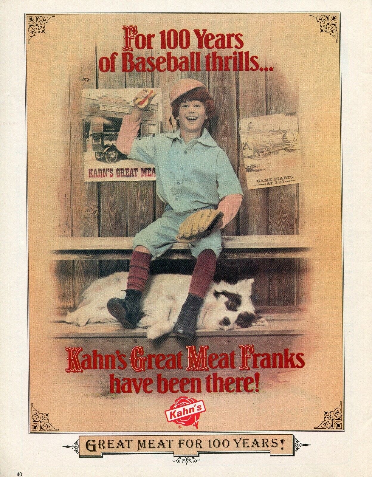 1982 Print Ad of Kahn\'s Great Meat Franks Hotdogs 100 Years of Baseball Thrills