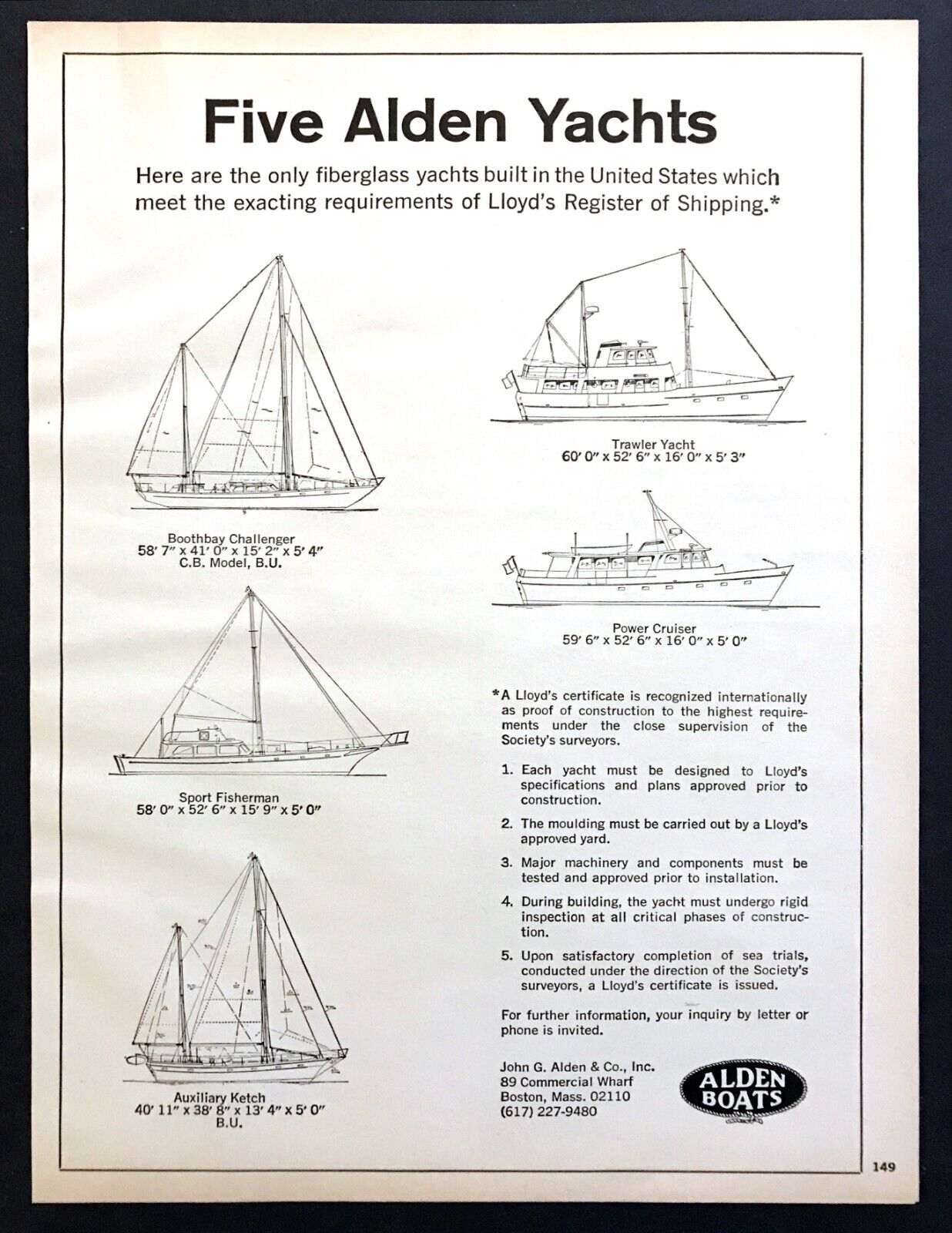 1968 Alden Yachts 5 Illustrations Cruiser Ketch Fisherman etc vintage print ad