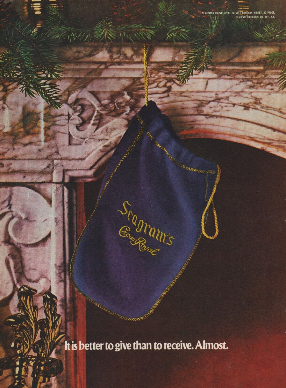 1972 Crown Royal - Bag Hangs As Christmas Stocking Fireplace - Print Ad Photo