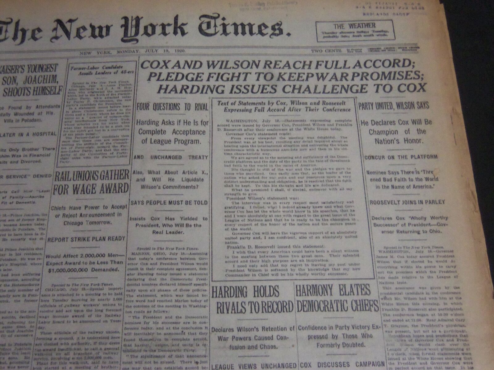 1920 JULY 9 NEW YORK TIMES - COX AND WILSON REACH FULL ACCORD - NT 6752