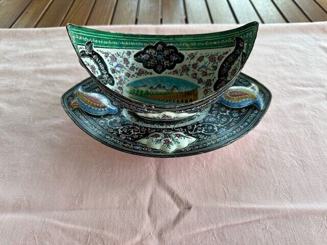 SALE Antique Turkish Handpainted Enamel Ware Bowl and Dish Set Fine Condition