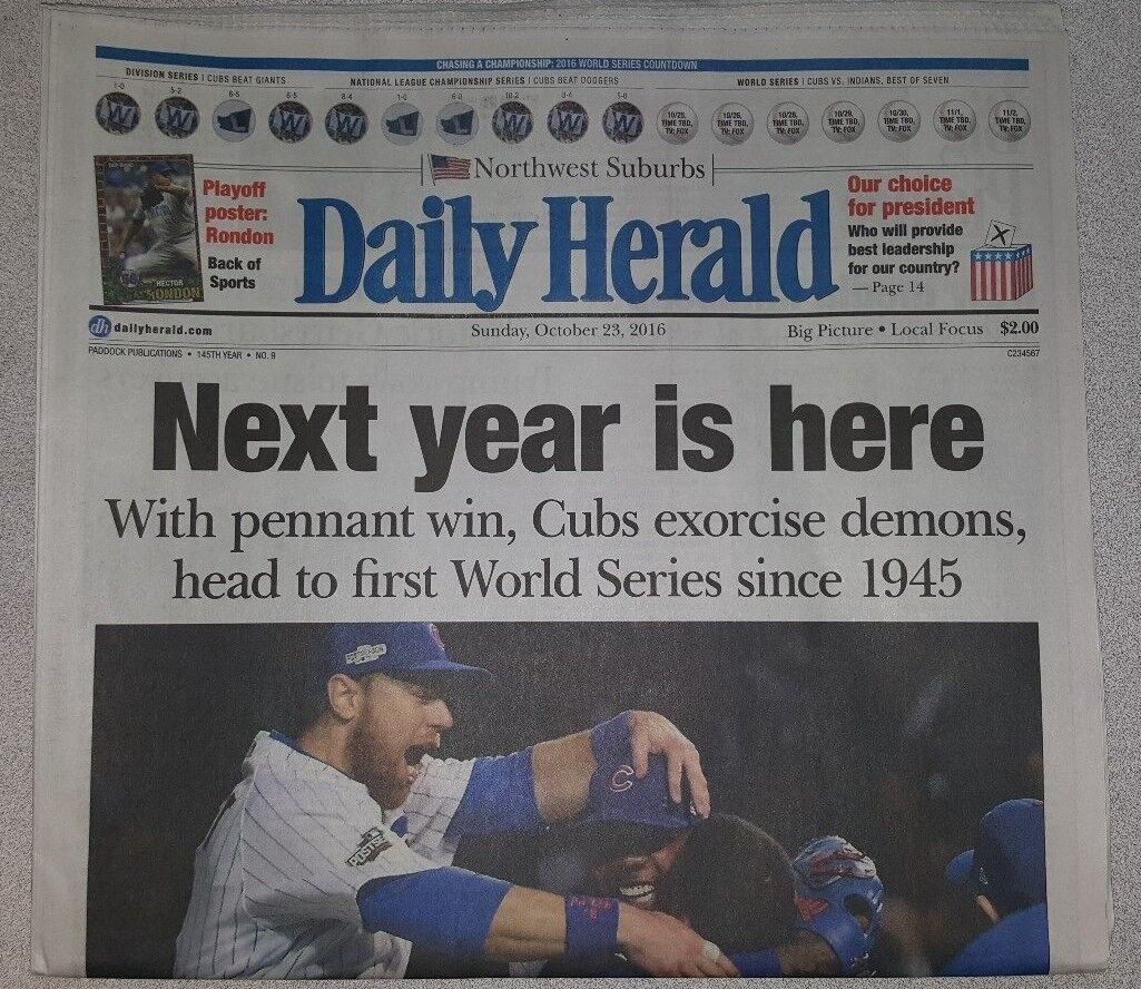 10/23/2016 Chicago Daily Herald Cubs Win NLCS 1st World Series Snce 45 Newspaper