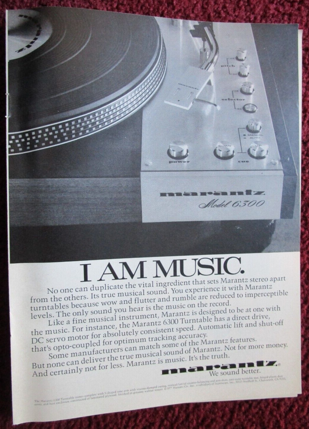 1977 MARANTZ Model 6300 Turntable Record Player Print Ad ~ I am Music