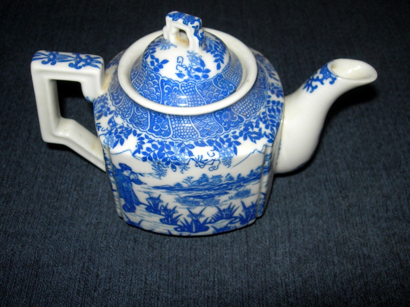 Vintage Blue & White Teapot Japan Transfer-ware Geisha Motif