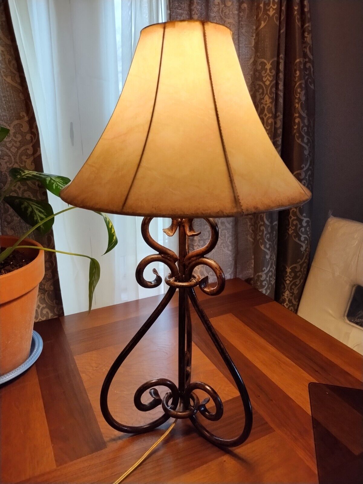 Vintage Wrought Iron Scroll Lamp, Lampshade Choice. Beautiful Patina