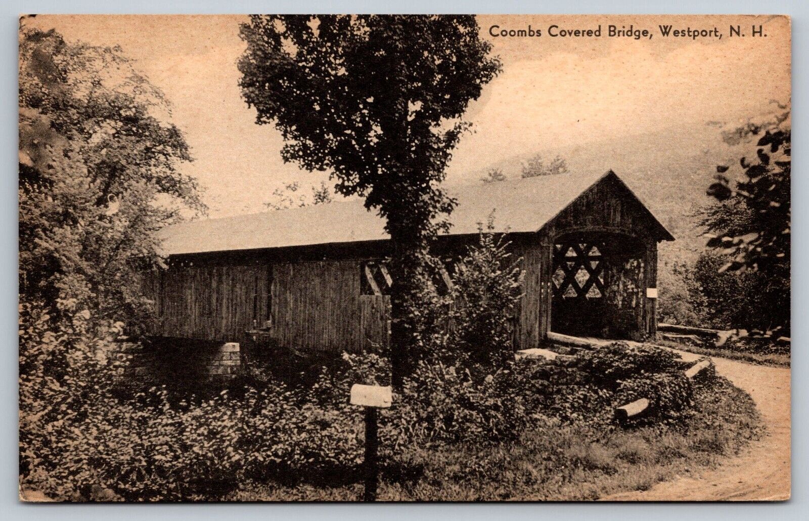 Lithograph Postcard; Coombs Covered Bridge, Westport NH Cheshire County