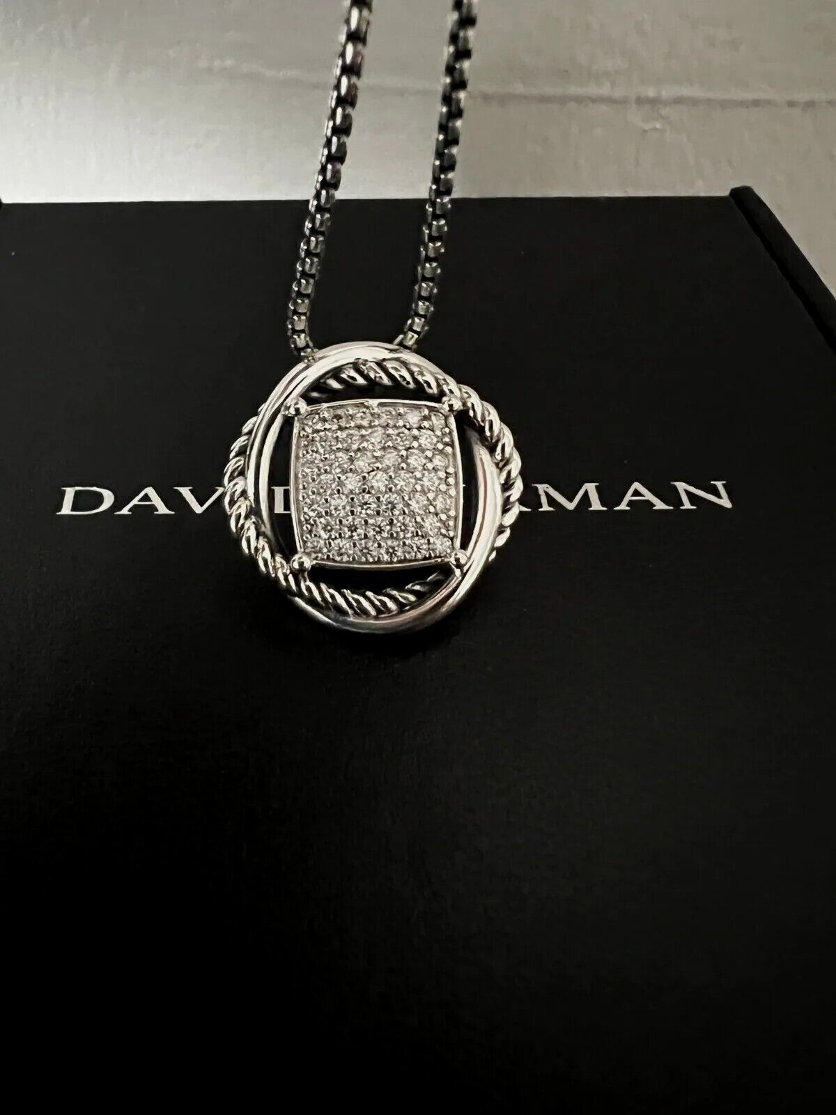 David Yurman Sterling Silver Infinity Pendant 14mm W/ Pave Diamonds Necklace 18'