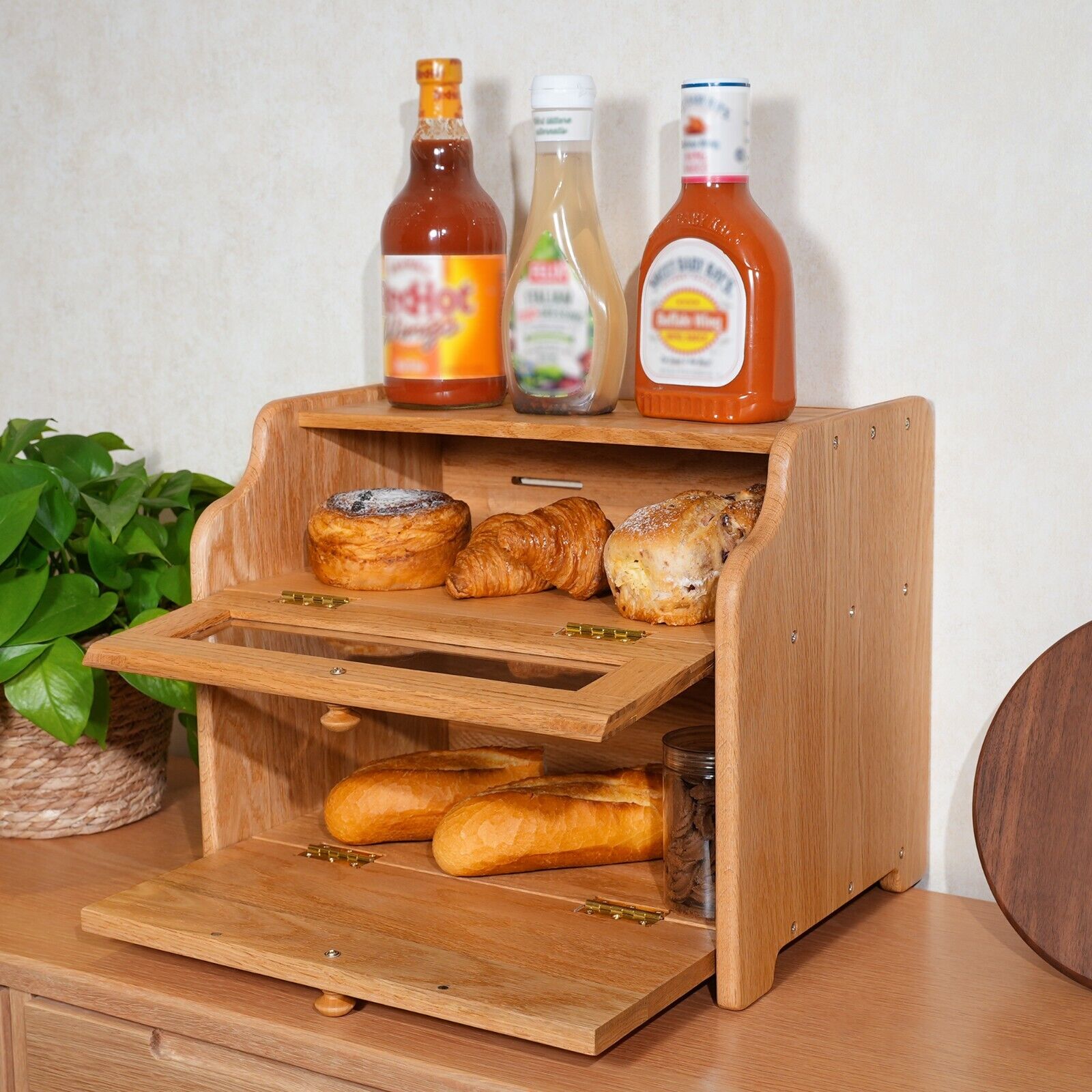 CONSDAN Bread Box, Solid Wood, Oak -Official refurbished
