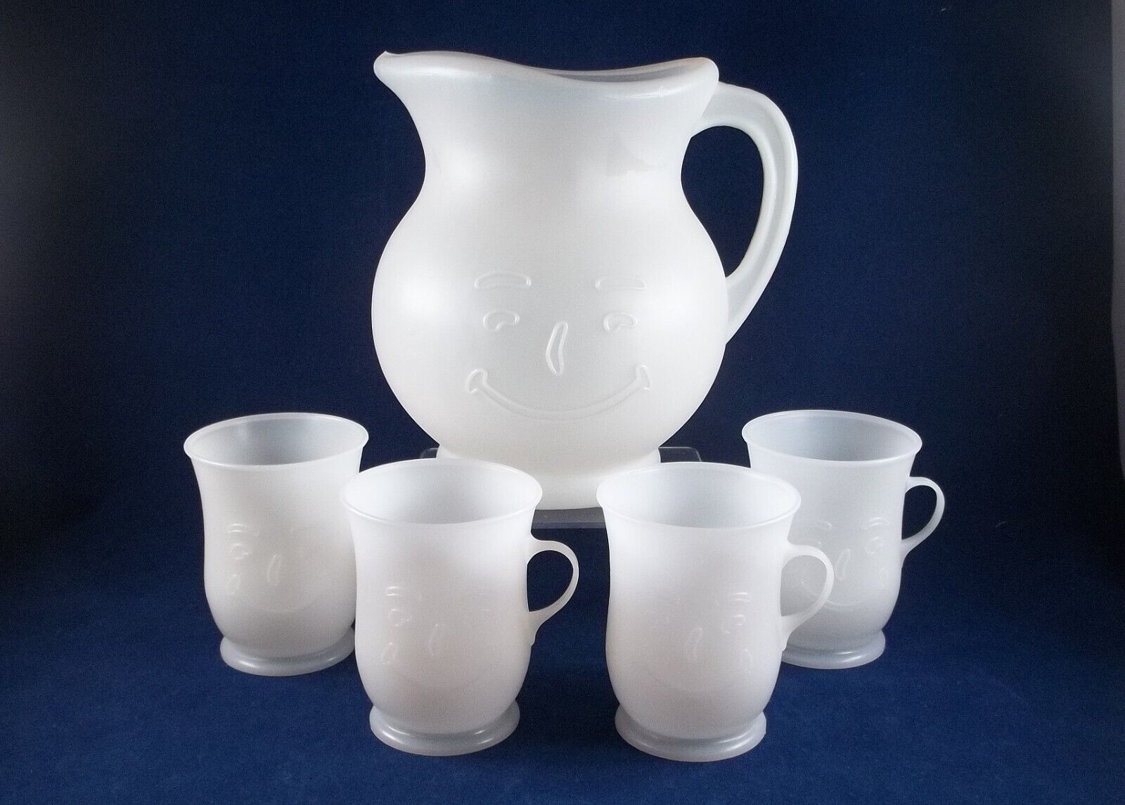 Vintage 1980\'s Kool Aid Opaque White Plastic Pitcher & 4 Matching Cups