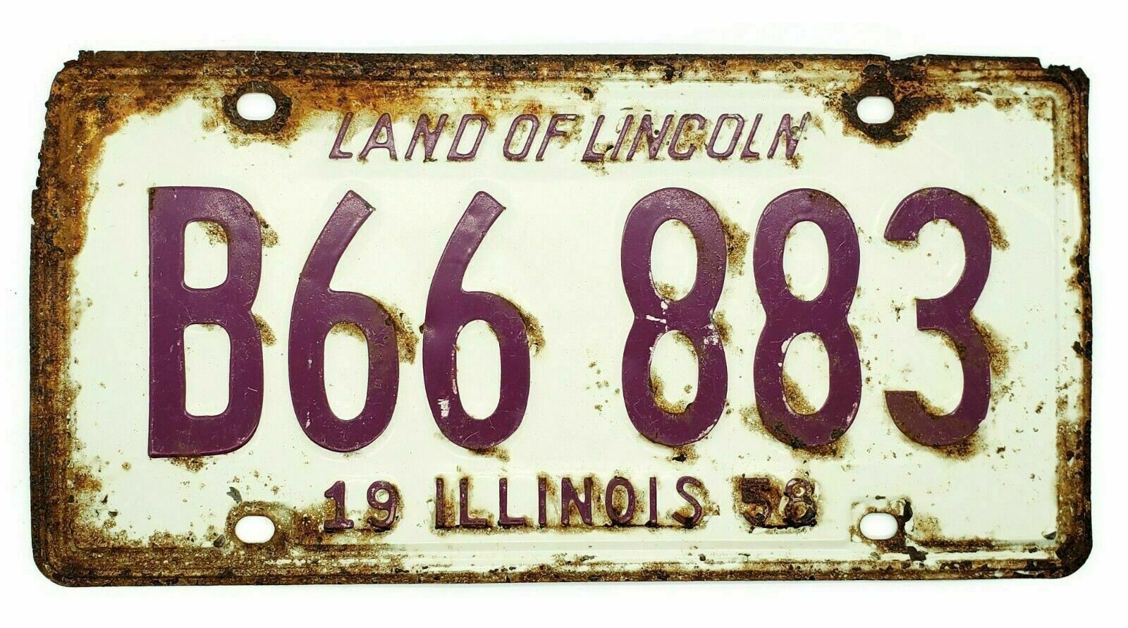 Vintage 1958 Illinois License Plate #B66-883 Rusty White Purple Land Of Lincoln
