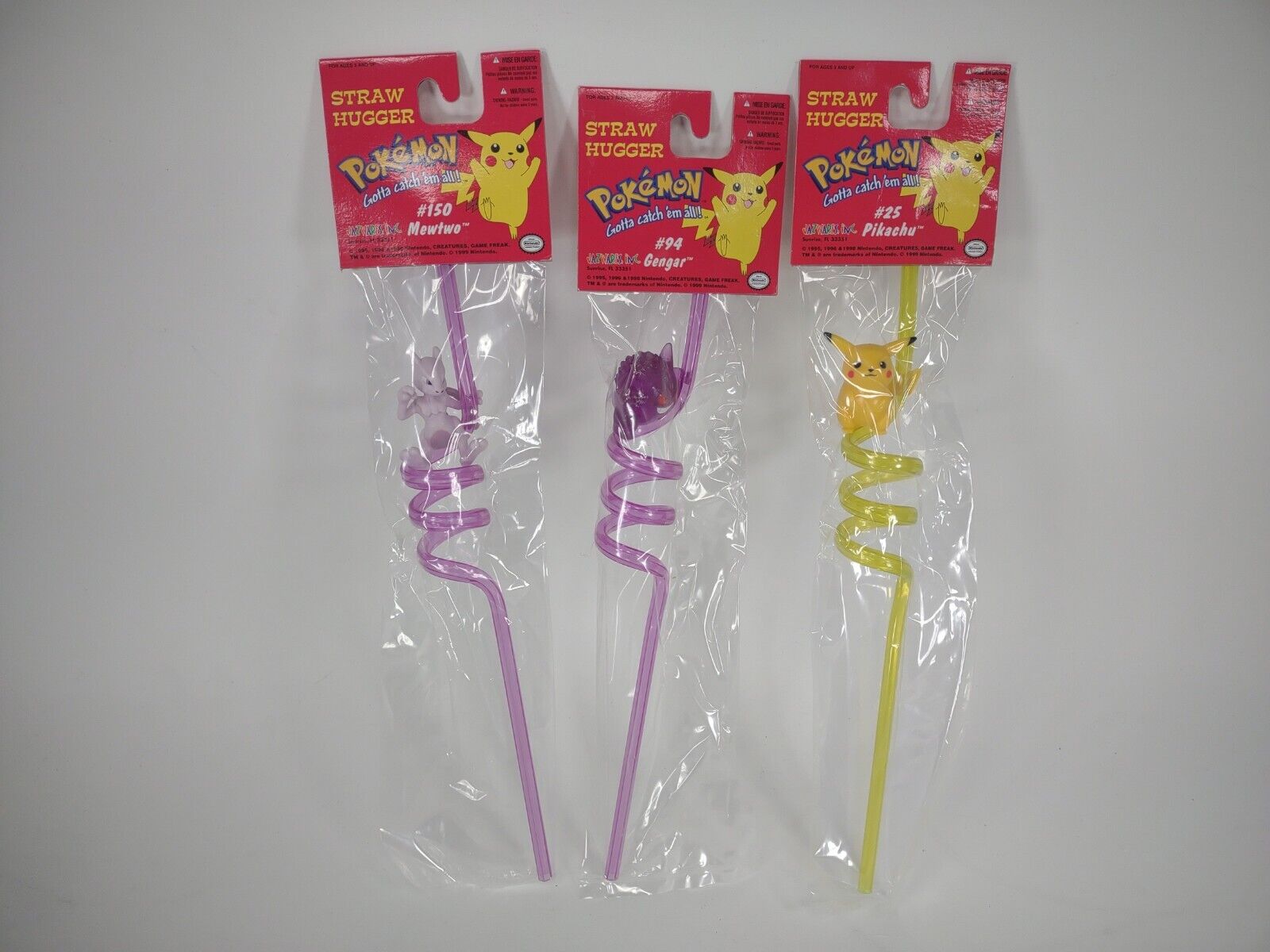 Lot of 3 Vintage 1999 Pokemon Gengar Pikachu Mewtwo Straw Hugger Drinking Straws